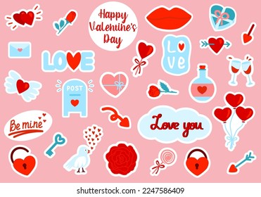 Set of romantic vector love stickers for daily planner, diary or scrapbooking design elements. Collection of cute objects with love concept, vector illustration