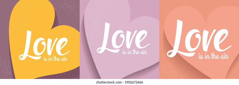 Set of Romantic vector postcard concepts with Love lettering on different backgrounds with heart shape.