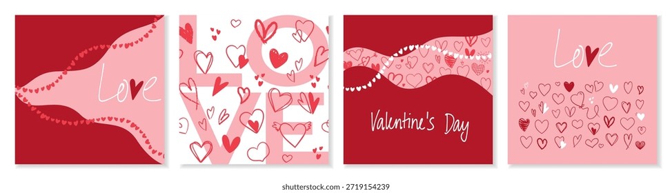 Conjunto de tarjetas de San Valentín de Vector romántico con corazones dibujados a mano y letras. Plantillas cuadradas de vacaciones festivas para publicidad, publicaciones en redes sociales, Anuncios, promoción, marca de temporada