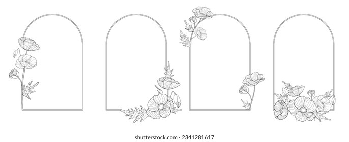 Set of romantic vertical arch frame with outline poppies. Floral design for labels, branding business identity, wedding invitation.  Vector illustration.