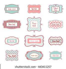 Set of romantic vintage hand drawn labels in farmhouse style, in red and light blue colors, with polka dot and striped texture, on white background, with copy space, vector illustration, eps 10 with