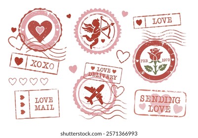Set of Romantic Vintage Postmarks and Stamps for Valentine's Day and weddings. Love Scrapbooking elements like Hearts, Cupid, Rose and Other