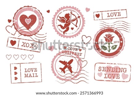 Set of Romantic Vintage Postmarks and Stamps for Valentine's Day and weddings. Love Scrapbooking elements like Hearts, Cupid, Rose and Other