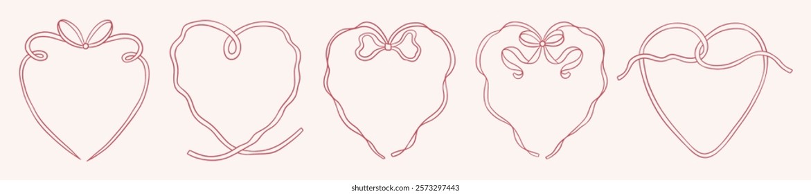 Set of romantic vintage ribbon heart frame with coquette bow. Wedding, valentines day line design. Hand drawn victorian style vector illustration