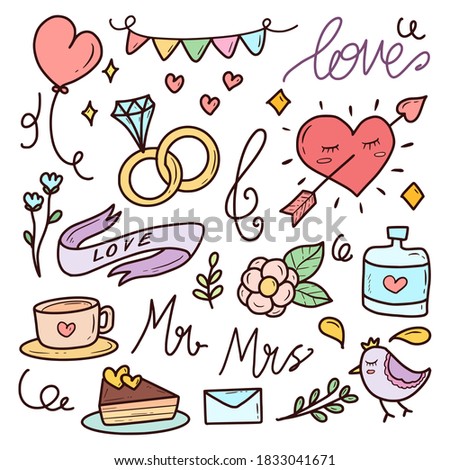 Set of romantic wedding icon cartoon cute kawaii doodle vector