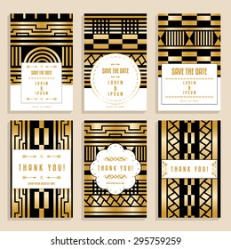 Set of romantic wedding and thank you cards with golden Art Nouveau ornaments. Collection of banners with trendy patterns. Template for greeting or save the date card or invitation. Vector file EPS8.