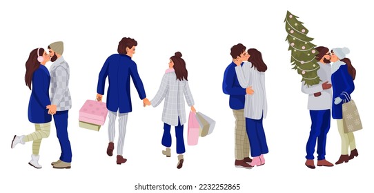 A set of romantic Xmas time couples isolated on white background. Men and women hugging and kissing, walking together holding hands. 