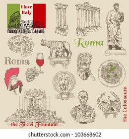 Set of Rome doodles - for design and scrapbook - hand drawn in vector