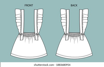 set romper for kids front and back view. fashion for kids. romper flat sketch template.