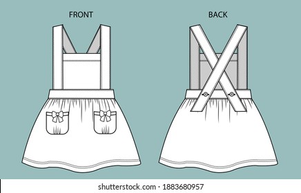 set romper for kids front and back view. fashion for kids. romper flat sketch template.