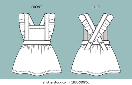 set romper for kids front and back view. fashion for kids. romper flat sketch template.