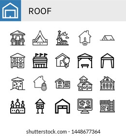 Set of roof icons such as Garage, Hut, Tent, Church, House, Home, Stadium, Pergola, Canopy, Izba, Wooden house , roof