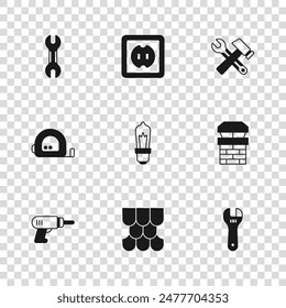 Set Roof tile, Chimney, Adjustable wrench, Light bulb, Hammer and spanner, Wrench, Electrical outlet and Roulette construction icon. Vector