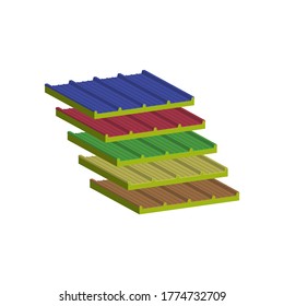 Set of roofing sandwich panels two-layer. A filler-mineral wool.Vector isometric and 3D view.