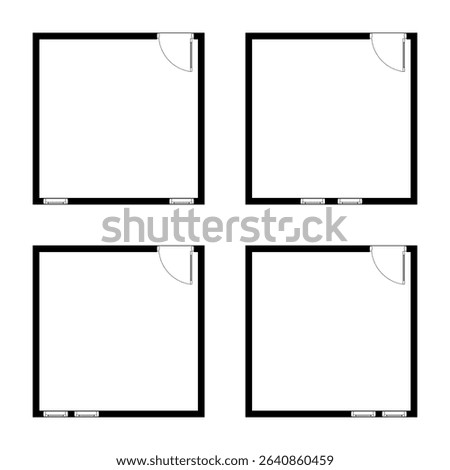 Set of room 4 x 4 meter, 16 sqm, empty room, Black and White, Apartment architectural plans.