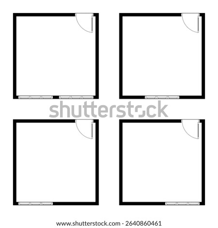 Set of room 4 x 4 meter, 16 sqm, empty room, Black and White, Apartment architectural plans.
