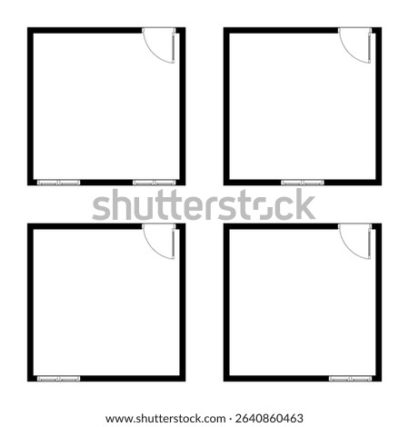 Set of room 4 x 4 meter, 16 sqm, empty room, Black and White, Apartment architectural plans.