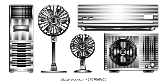 Conjunto de aparatos de refrigeración de la habitación, incluida la unidad de aire acondicionado Ventilador eléctrico Compresor al aire libre Vintage Grabado Ilustración Blanco y Negro