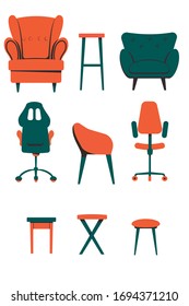 Set of room furniture, armchairs, chairs, stools in a flat style.