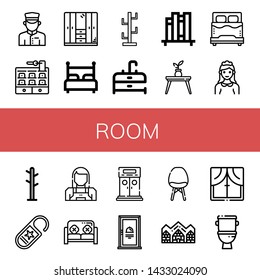 Set of room icons such as Doorman, Hotel, Wardrobe, Bed, Coat stand, Sink, Book shelf, Table, Maid, Coat rack, Do not disturb, Sofa, Entrance, Door, Chair, Hotel de glace , room