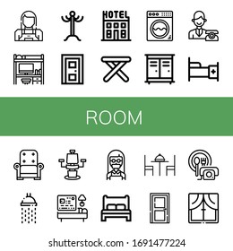 Set Of Room Icons. Such As Maid, Desk, Coat Rack, Door, Hotel, Stool, Washing Machine, Lockers, Reception, Bed, Armchair, Shower, Chair, Table, Room Service, Window , Room Icons