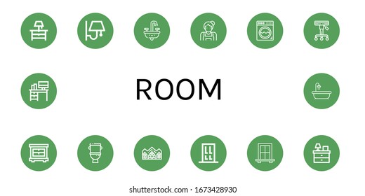 Set of room icons. Such as Night stand, Wall lamp, Sink, Maid, Washing machine, Stool, Closet, Toilet, Hotel de glace, Door, Window, Bedside table, Desk, Hot tub , room icons