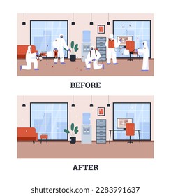 Set of room interiors before and after disinfection flat style, vector illustration isolated on white background. Working people in protective suits, shining room, sprayers