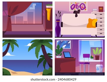 Set of room interiors and seashore landscape flat style, vector illustration isolated on white background. Different locations of freelance workers, home office and freedom concept, lifestyle