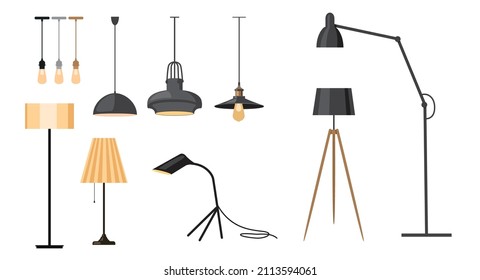 Set of room lamp different form on white background. Vector elements of a modern interior floor and ceiling lamp in cartoon style.