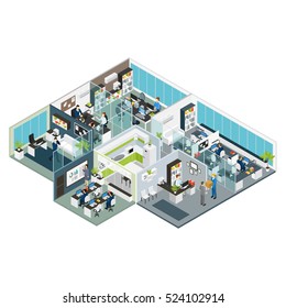 Set room office isometric with isolated rooms combined in big office building on one floor vector illustration