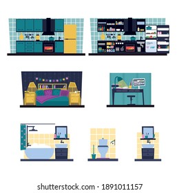 set of rooms and furnishings, flat isolated vector