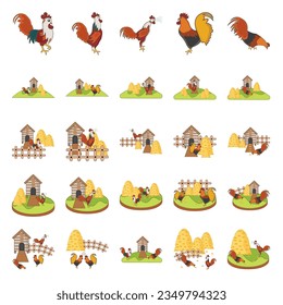 Set of Rooster birds in different poses and colors isolated on white background. Bright roosters poultry icons. Vector flat or cartoon illustration.