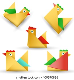Set of rooster and chicken origami. Card template for New Yea, for greeting postcard, invitations, scrapbooking, calendars, printed, wrapping, website etc. Paper figures.  Vector illustration.