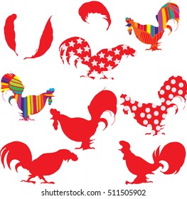 Set with rooster and feathers. Vector hand drawing illustration, silhouette. Greeting symbol of on the Chinese calendar. Happy new year.