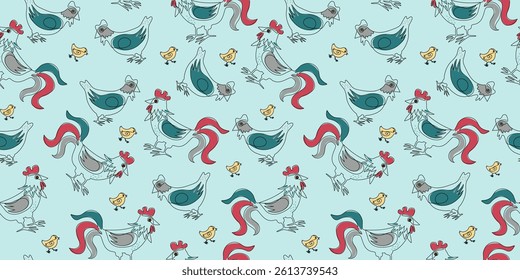 Set rooster, hen, chicken. Poultry, family. Pets and bird on farm. Graphic design modern continuous line drawing. Vector illustration on white isolated background.