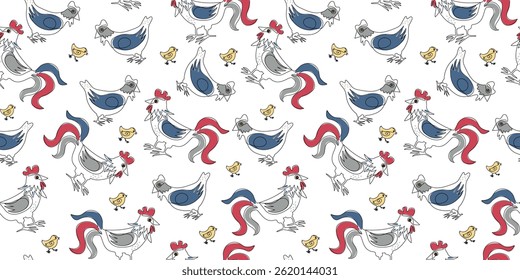 Set rooster, hen and chicken. Poultry, family. Pets and bird on farm. Graphic design modern continuous line drawing. Vector illustration on white isolated background.