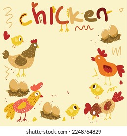 set of rooster, hen, eggs and chicks on yellow background, cute and colorful chicken farm background