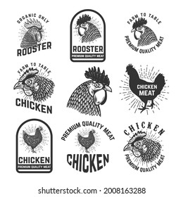 Set of rooster meat emblems. Design element for logo, label, sign, emblem. Vector illustration