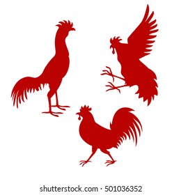 Set of rooster red silhouettes. Vector icons.