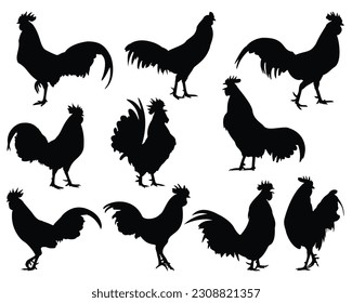 Set of Rooster Silhouette Bundle, Animal Icons, Birds, Wildlife