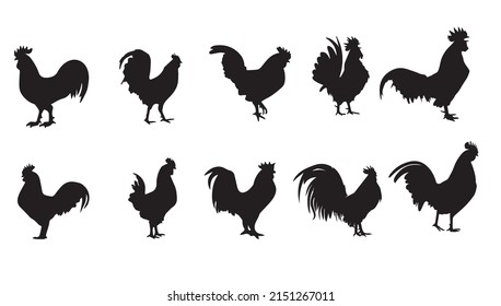 Set of rooster silhouette, hen, monochrome color