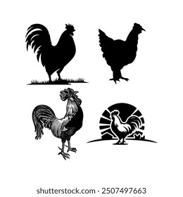 Set of rooster silhouette logo vector illustrations Silhouette of Chicken icon.