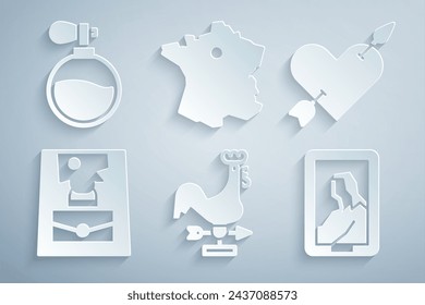 Set Rooster weather vane, Amour with heart and arrow, Handbag, Portrait in museum, Map of France and Perfume icon. Vector