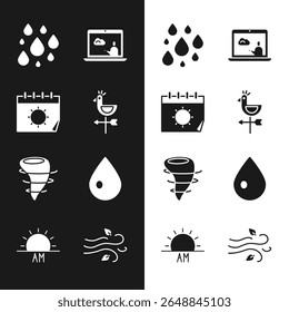 Set Rooster weather vane, Calendar and sun, Water drop, Weather forecast, Tornado, Wind and Sunrise icon. Vector