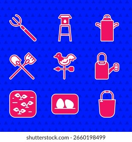 Conjunto de paleta de Clima de gallo, huevo de gallina, cubo, regadera, planta, pala, recipiente de lata para leche e icono de horquilla de jardín. Vector