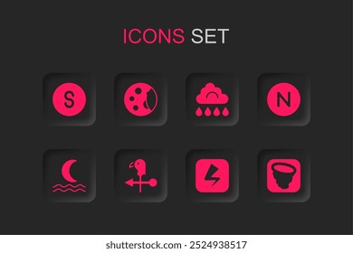 Set Rooster weather vane, Moon phases, Compass south, Lightning bolt, north, Tornado, Cloud with rain and Night fog smoke icon. Vector