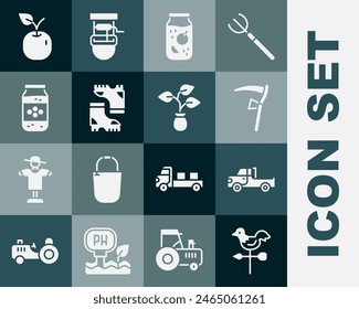 Set Rooster weather vane, Pickup truck, Scythe, Jam jar, Waterproof rubber boot, Jar honey, Apple and Plant icon. Vector