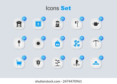 Set Rooster weather vane, Sun, Colorado beetle, Wheelbarrow, Farmer worker hat, Pickaxe, house and Pack full of seeds icon. Vector