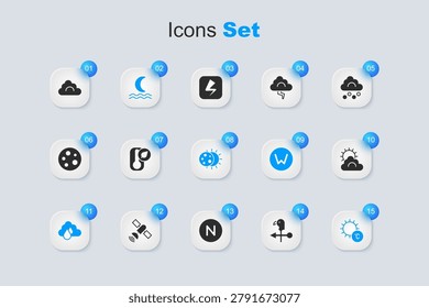 Set Rooster weather vane, Thermometer, Night fog or smoke, Cloud with rain, Sun, and cloud,  and Eclipse of sun icon. Vector