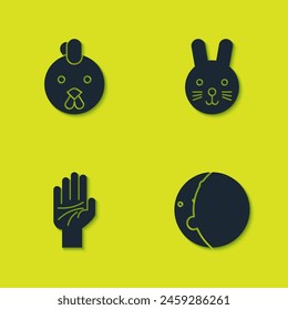 Set Rooster zodiac, Eclipse of the sun, Palmistry hand and Rabbit icon. Vector